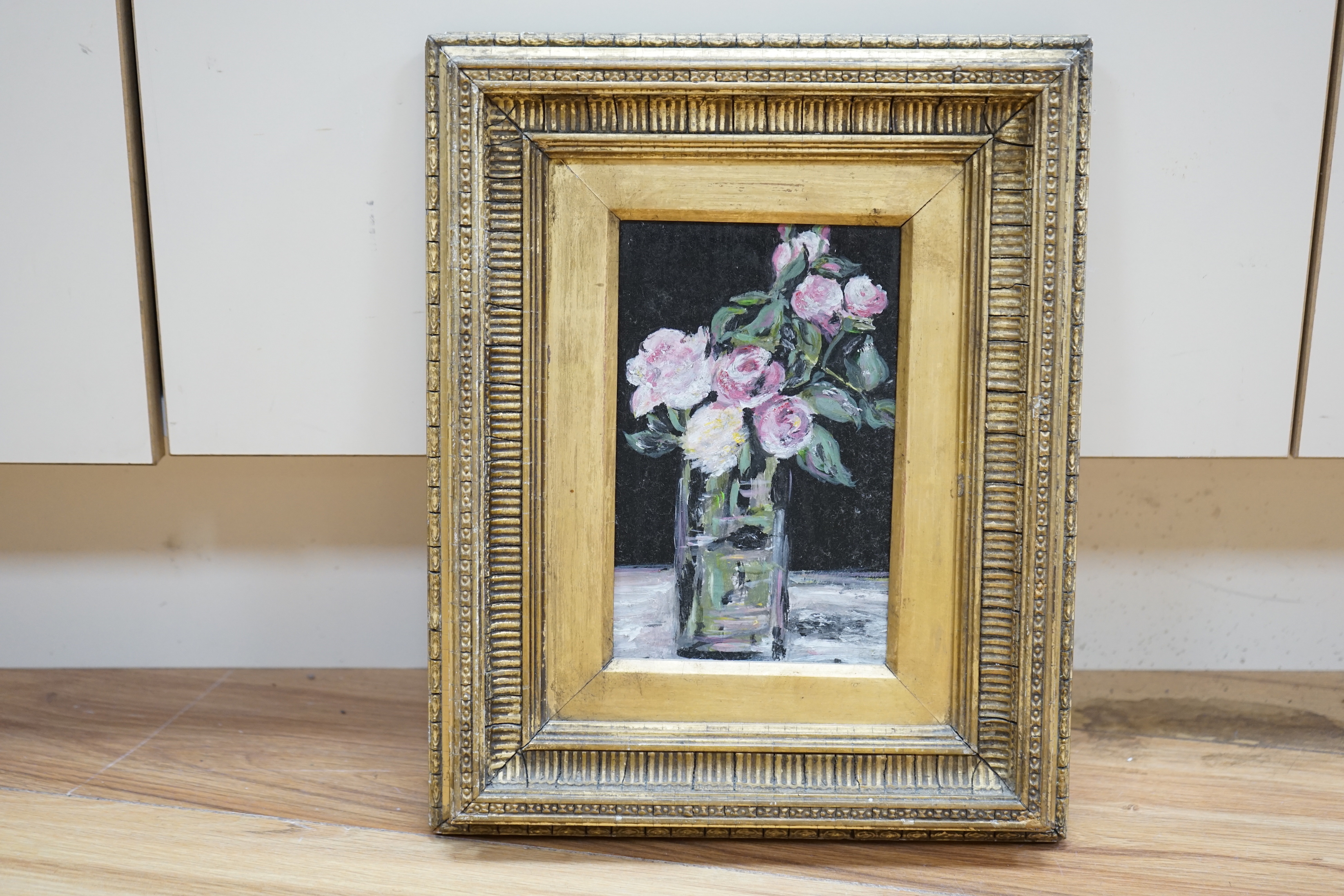 English School, oil on board, Still life of roses in a vase, 18 x 11cm, ornate gilt frame